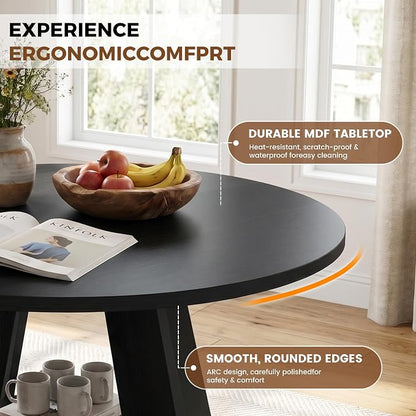 Miereirl 47.3 Inch Round Dining Table Set for 4, Round Kitchen Table with Chairs, Space Saving Dining Room Table Set with Storage Shelf for Apartment Kitchen Dining Room, Black Table+4 Brown Chairs