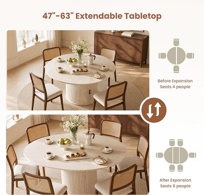 47''-63'' Extendable Round Dining Table for 4-6, Round Dining Room Table with Hidden Storage, Modern Wooden Kitchen Table with Fluted Sliding Door Cabinet for Dining Room Kitchen, White