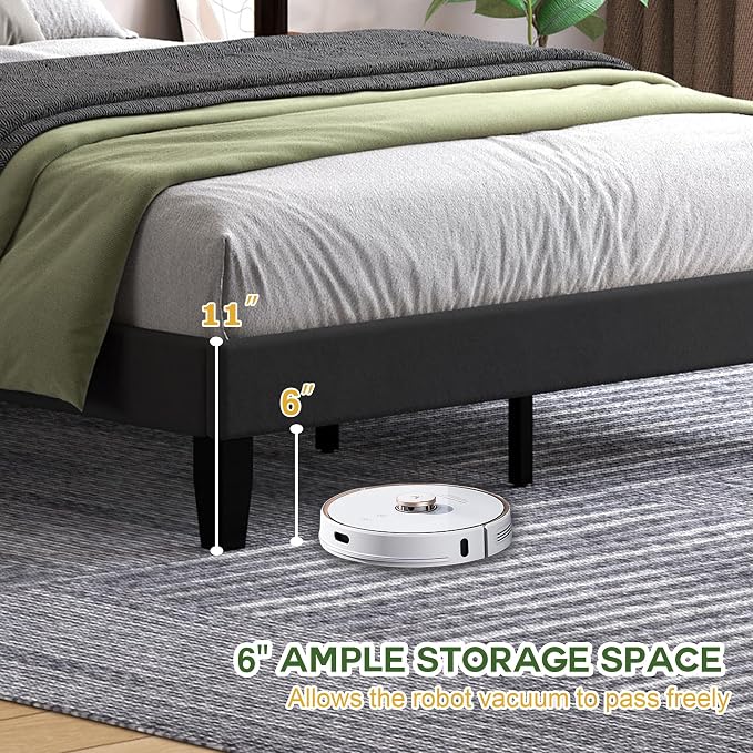 Queen Size Bed Frame with Headboard, Platform Bed with Soft Velvet Upholstered Headboard | Wooden Slats Support | Adjustable Height | No Box Spring Needed, Queen Bed Frame Black
