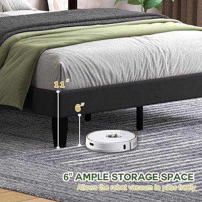 Queen Size Bed Frame with Headboard, Platform Bed with Soft Velvet Upholstered Headboard | Wooden Slats Support | Adjustable Height | No Box Spring Needed, Queen Bed Frame Black