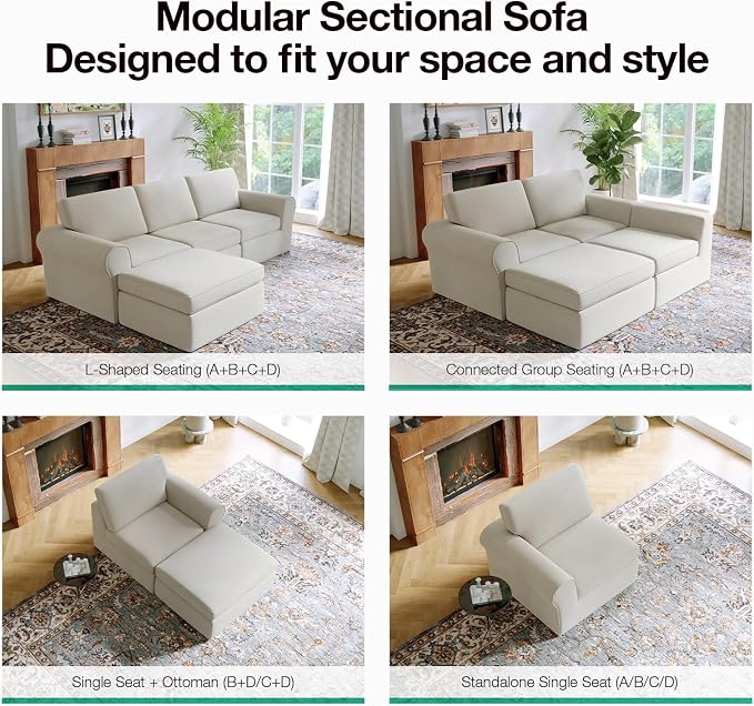 Novilla 108" Modular Sectional Sofa, Modular Sectional Couches for Living Room Bedroom, Chenille Removable Cover Cloud Couch Sectional with Smarts Coil® Support L-Shaped Couch(Beige, Ottoman)