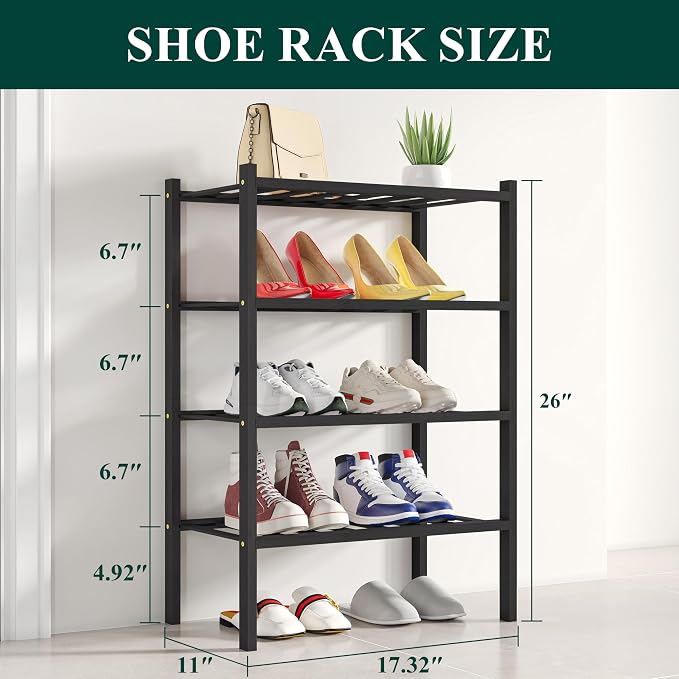 Smiry Small Bamboo Shoe Rack, 4 Tier Free Standing Wooden Shoe Organizer, Stackable Wood Shoe Storage Shelf for Closet, Entryway, 12 Vertical Slats, 2+2 Stack Standard Legs, 17.3"x11"x26", Black