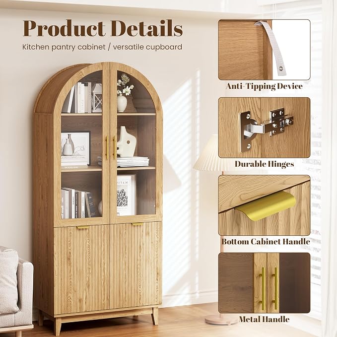 Pamapic 71" Tall Arched Cabinet, Fluted Kitchen Pantry with Glass Doors & Adjustable Shelves, Arch Storage Cabinet, Wooden Pantry for Dining Room, Living Room (Natural)