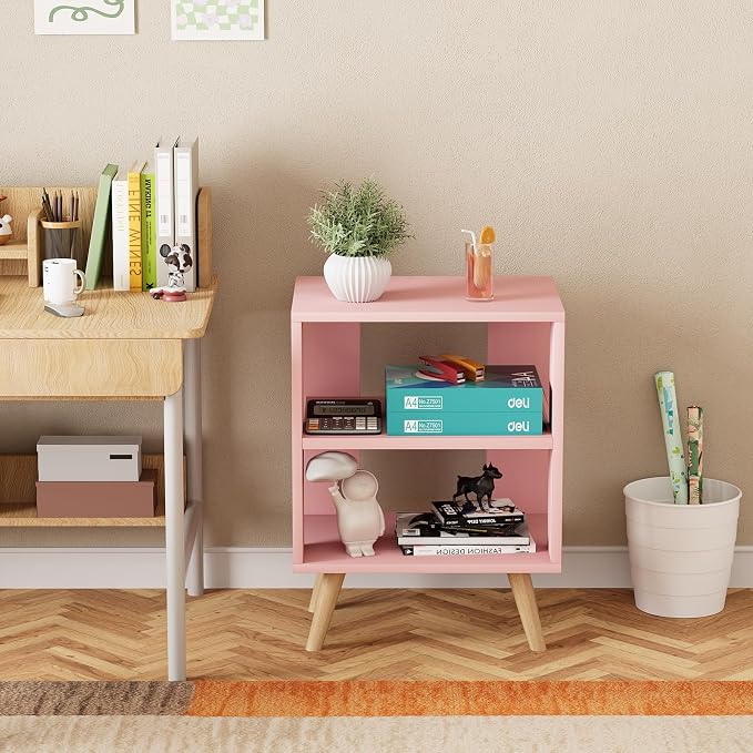Huhote Kids Nightstand, 2-Tier Night Stand with Open Storage, Modern Side Table for Bedroom, Study Room, Small Spaces, Pink