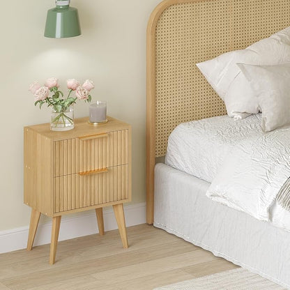 YAUKOMEL Fluted Nightstand,Small Bedside Table,Natural Wood Night Stand,Light Wood Side Table with Solid Wood Legs,End Table for Bedroom,Small Space 11.8" D x 15.7" W x 22.8" H Natural CTG55Y