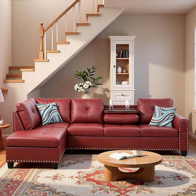 L-Shaped Sectional Sofa, Modern 4-Seat Couch with Built-in Cup Holders, Leather Sectional Couch with Left Facing Chaise for Living Room, Apartment, Office, Red