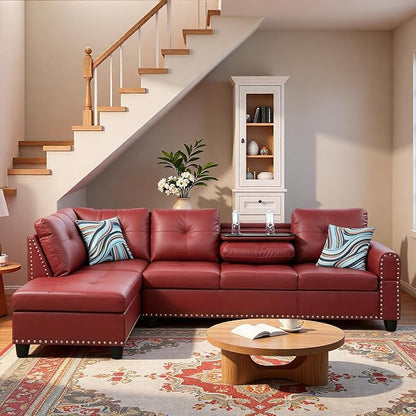 L-Shaped Sectional Sofa, Modern 4-Seat Couch with Built-in Cup Holders, Leather Sectional Couch with Left Facing Chaise for Living Room, Apartment, Office, Red