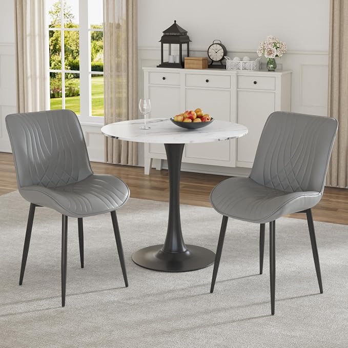VECELO Dining Chairs Set of 2, Modern Upholstered Faux Leather Cushion Seat and Metal Legs for Kitchen, Living Room, Grey