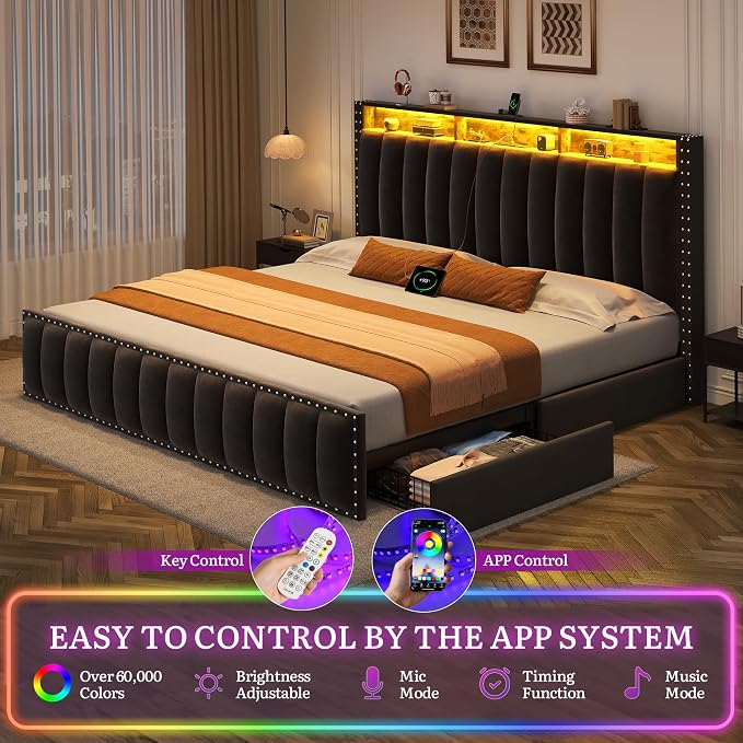 YITAHOME King Size Bed Frame with 4 Storage Drawers and RGB LED Lights, Velvet Upholstered Platform Bed with Charging Station and Bookcase Storage, No Box Spring Needed, Easy Assembly, Charcoal Black