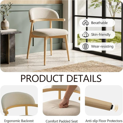 MOJAY Dining Chairs Set of 4 Natural Oak, Linen Beige with Curved Armrests