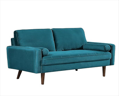 Container Furniture Direct Velvet Tufted Sofas for Living Room, Classic Mid-Century Style with Modern Silhouette, Button Tufting and Wood Legs, Includes 2 Bolster Pillows, Loveseat, Greenish Blue