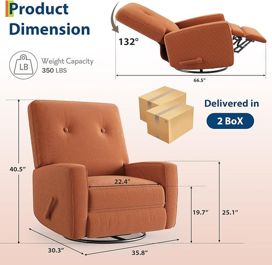 IDEALHOUSE Recliner Chair, 360° Swivel Rocking Glider Chair for Adults with Adjustable Backrest & Footrest, Cozy Corduroy Upholstered Armchair for Living Rooms, Bedrooms, Apartments, Orange