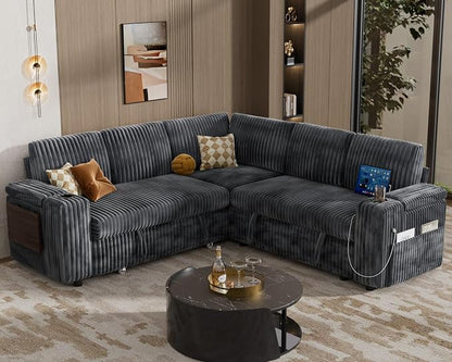 WEUP 86" Modular Sectional Sleeper Sofa with Pull Out Bed, 5 Seat Plush Corduroy L Shaped Couch with USB Ports|Cup Holders|Side Table|Storage Seat Armrests, Tool Free Assembly, Grey