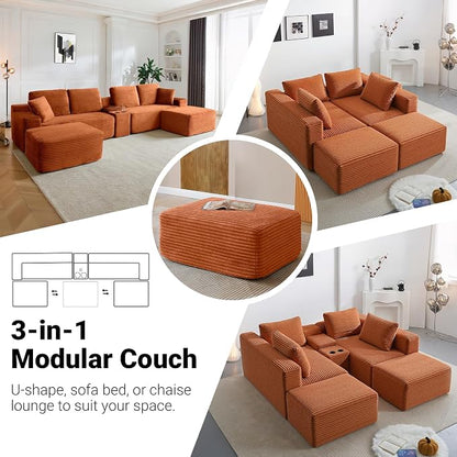 ivoros 150 Inch Modular Sectional Sofa Couch, Oversized Modern Cloud Couch for Living Room, U Shape Couches with 2 Ottomans, USB Ports and Cup Holders, Orange Corduroy Boneless Sofas, Sofa in a Box