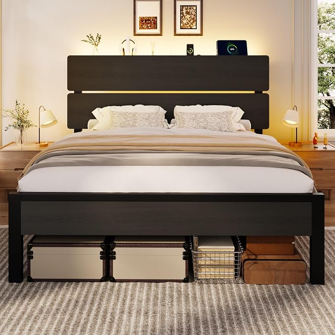 SHA CERLIN Queen Size Bed Frame with Led Light & Built-in Charging Station, Wooden Headboard with Storage Shelf, Metal Platform Bed, Under Bed Storage, No Box Spring Needed, Noise Free, Black