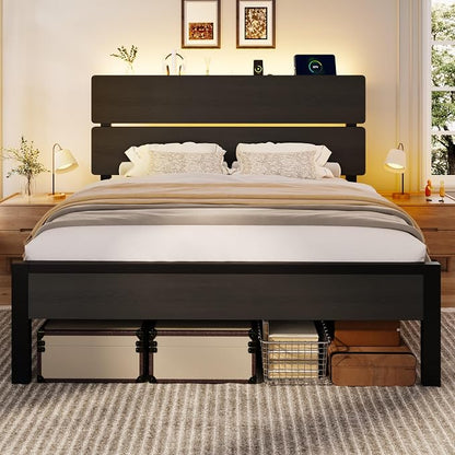 SHA CERLIN Queen Size Bed Frame with Led Light & Built-in Charging Station, Wooden Headboard with Storage Shelf, Metal Platform Bed, Under Bed Storage, No Box Spring Needed, Noise Free, Black