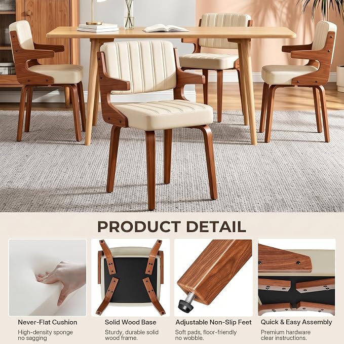 Dining Chairs Set of 2 with Hanging Armrest Beige | Set of 2 with hanging armrests for table-edge storage. Walnut frame and warm beige faux leather seating