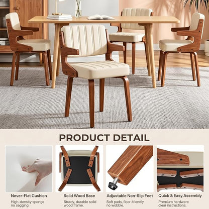 Dining Chairs Set of 2 with Hanging Armrest Beige | Set of 2 with hanging armrests for table-edge storage. Walnut frame and warm beige faux leather seating