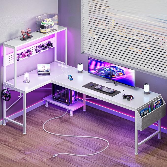 PRAISUN L Shaped Gaming Desk with LED Lights & Power Outlets, Reversible Computer Desk with Storage Shelves & Bag, Large Corner Home Office Desk with Pegboard for Work from Home, White