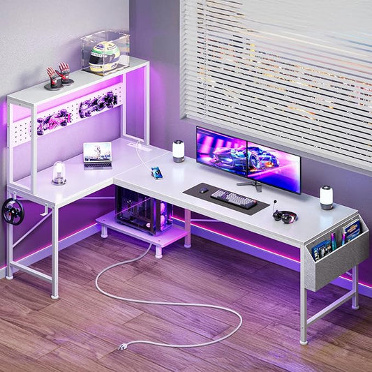 PRAISUN L Shaped Gaming Desk with LED Lights & Power Outlets, Reversible Computer Desk with Storage Shelves & Bag, Large Corner Home Office Desk with Pegboard for Work from Home, White