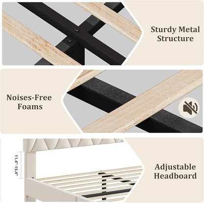GAOMON Beige Full Bed Frame with Upholstered Headboard, Heavy-Duty Platform Bed Frame with Strong Wood Slats, No Box Spring Needed/Noise Free/Easy Assembly