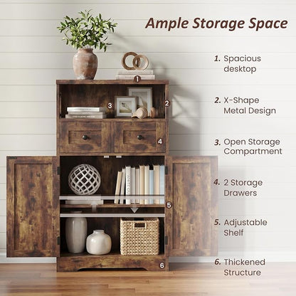 Rustic Brown Farmhouse Storage Cabinet Set of 2, Small Kitchen Pantry Cabinet with Drawers and Adjustable Shelves, Sideboard Buffet Coffee Bar Cabinet for Living Room/Dining Room/Bathroom/Home Office