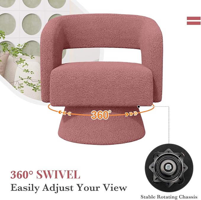 Luxanimarion Swivel Barrel Accent Chair,Oversized Teddy Upholstered Round Swivel Chair,Modern Luxury 360 Degree Living Room Vanity Chair for Bedroom Office,Pink,1PCS