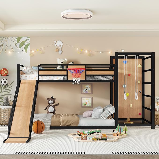 Bellemave Twin XL Bunk Bed with Basketball Hoop, Pull-up Rings and Climbing Wall, Twin XL Bunk Bed with Slide and Bookcase, Heavy Duty Bunk Beds with Guardrail, Natural