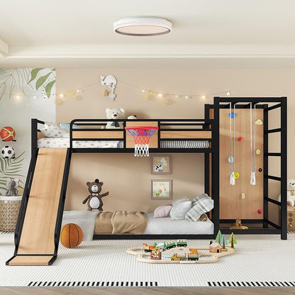 Bellemave Twin XL Bunk Bed with Basketball Hoop, Pull-up Rings and Climbing Wall, Twin XL Bunk Bed with Slide and Bookcase, Heavy Duty Bunk Beds with Guardrail, Natural
