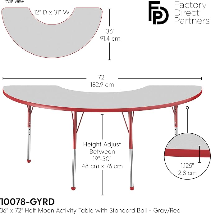 FDP Half Moon Activity School and Office Table (36 x 72 inch), Standard Legs with Ball Glides for Collaborative Seating Environments, Adjustable Height 19-30 inches - Gray Top and Red Edge