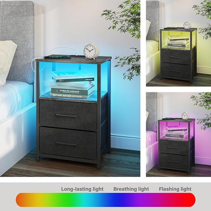 TUTOTAK LED End Table with Charging Station, Nightstand with Cloth Drawer, Side Table with 1 USB Port and 1 Type-C Port, Set of 2, Couch Table, Charcoal Grey TB01BY052L