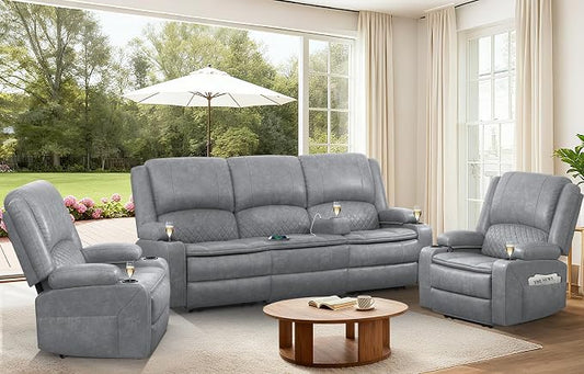3+1+1 Manual Recliner Sofa, Maximum Load Capacity 2250lbs & Ergonomics Design, Multi-Functional Middle Seat & Home Theater Seating with Removable Armrest and Storage for RV Living Room (PU,Grey)