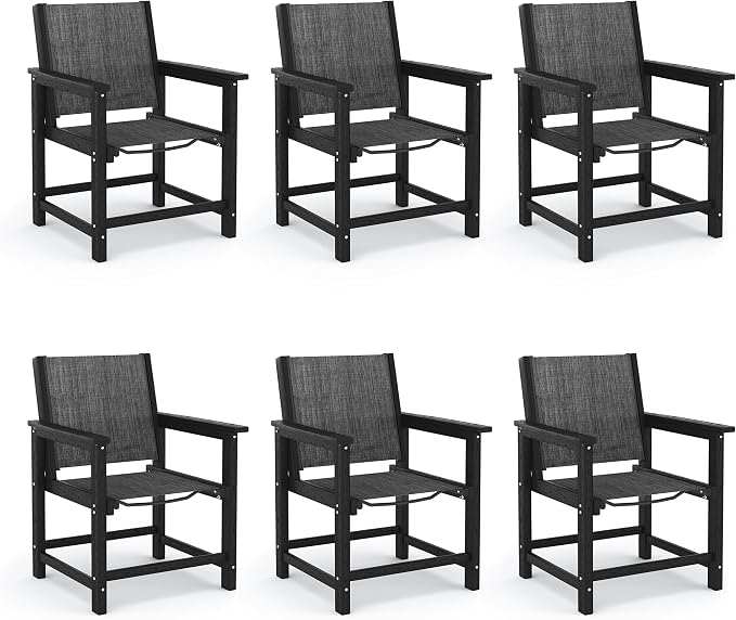 Amopatio Outdoor HDPE Dining Chairs Set of 6 All-Weather Patio Chairs with Textilene Backrest Heavy Duty for Porch Backyard Deck Lawn Garden, Black