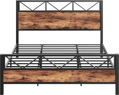 LIKIMIO King Bed Frame, Tall Industrial Headboard 51.2 ", Platform Bed Frame with Strong Metal Support, Solid and Stable, Noise Free, No Box Spring Needed, Easy Assembly, Vintage Brown