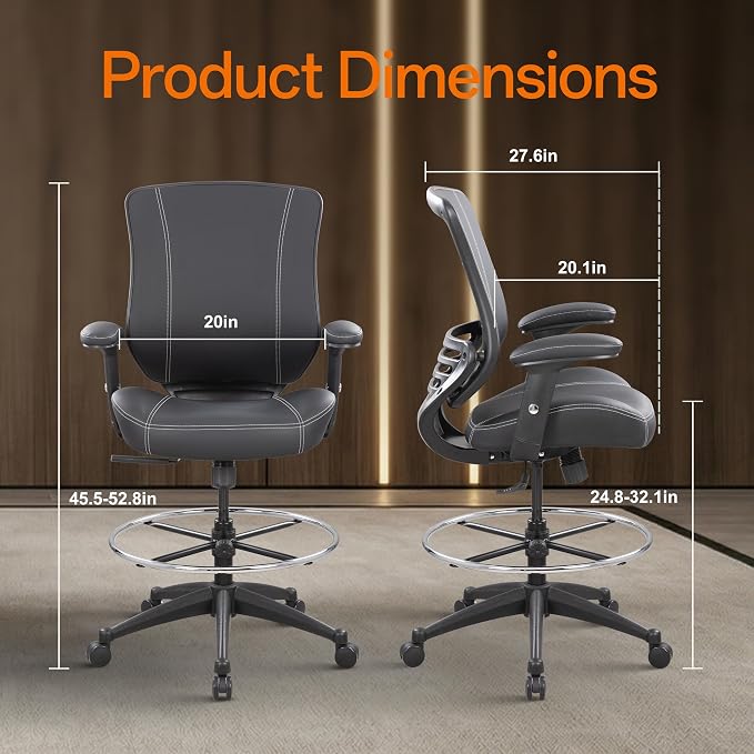 BOLISS 400lbs Mid Back Premium Leather Ergonomic Drafting Chair Office for Adjustable Desk Wide Chair Built-in Lumbar Support Adjustable Foot Ring Height Adjustable Armrest (Black Leather)