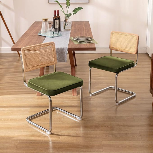 Zesthouse Natural Rattan Dining Chairs Set of 2, Olive Green Modern Kitchen Chairs with Solid Wood Back & Chrome Base, Mid Century Breuer Design Inspired, Upholstered Velvet Fabric