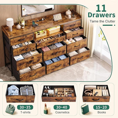 Bepatio LED Dresser for Bedroom with 11 Drawers,Power Strip,4 Hooks,Brown | Stylish Dressers & Chests of Drawers with 2 Wood Storage Shelves, TV Stand for 50/55/60 Inch TVs, Sturdy Metal Frame