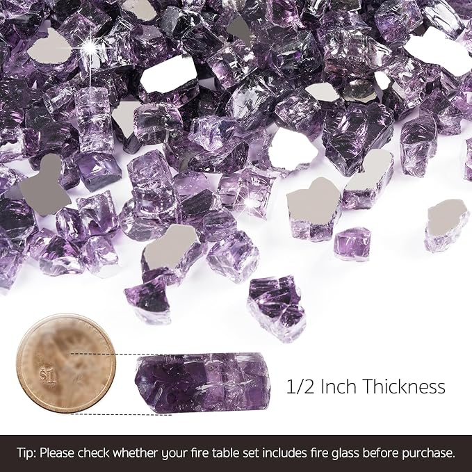 GASPRO 10 lbs Fire Glass for Propane Fire Pit, 1/2-Inch Reflective Fireplace Glass Rocks for Fire Pit Table, Purple