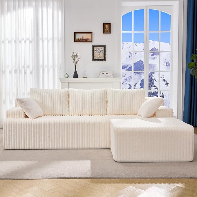 Hobestluk Boneless Couch Modular Sectional SofaL-Shape Cloud Couch Lounge | 96" Right Facing Chaise White,Memory Foam,Removable Cover,Non-slip Bottom,No Assemble Required,Furniture for Small Home