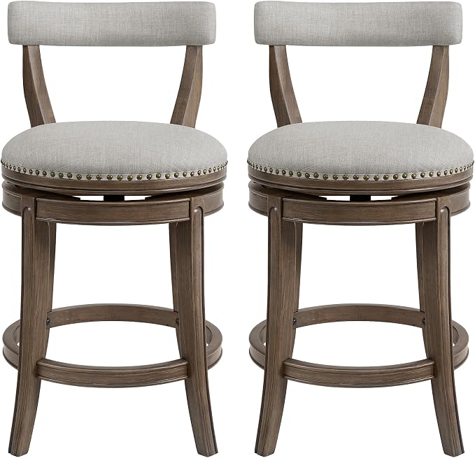 ROME + OAK Ruxban 26" Counter Stool, Set of 2 Low Back Swivel Barstools in Weathered Oak Finish with Sand Fabric Upholstery Seat - Indoor Home Furniture
