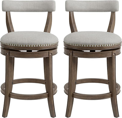 ROME + OAK Ruxban 26" Counter Stool, Set of 2 Low Back Swivel Barstools in Weathered Oak Finish with Sand Fabric Upholstery Seat - Indoor Home Furniture