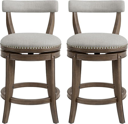 ROME + OAK Ruxban 26" Counter Stool, Set of 2 Low Back Swivel Barstools in Weathered Oak Finish with Sand Fabric Upholstery Seat - Indoor Home Furniture