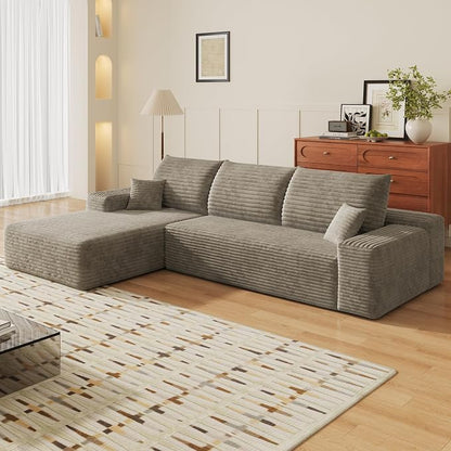 107" Boneless Couch with L Shaped Chaise, Plush Corduroy Sleeper Sectional Sofa, Deep Seat Comfy Couches for Living Room Bedroom, Compressed Foam Cloud Sofas, No Assembly, Left Facing Chaise, Camel