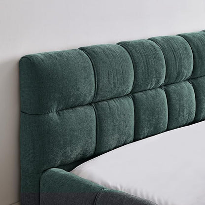 KEIKI Queen Thick Chenille Platform Bed Frame with Upholstered Tufted Headboard, Modern Solid Wood Floor Platform for Bedroom, No Box Spring Needed