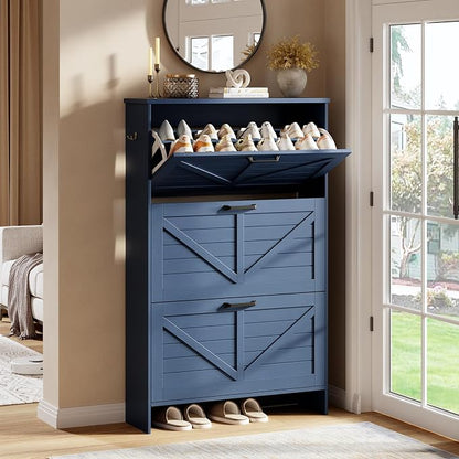 Nicetree 3-Drawer Flip Shoe Cabinet – Shaker Barn Door Accent, Farmhouse Blue Finish – Ultra Slim Freestanding Design with 3-Tier Adjustable Shelves – Space-Saving Shoe Organizer for Entryway or Foyer