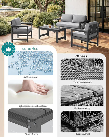 SERWALL 3 Pieces HDPE Outdoor Bistro Sofa Set with Cushions, All Weather Use Adirondack Single Armchair Set of 2 with Side Table, Grey Frame with Grey Cushions