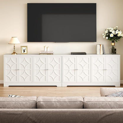 RoyalCraft 112'' Buffet Cabinet with Storage, Modern Sideboard with 4 Carved Doors, Large Wood Coffee Bar Console Table for Kitchen, Dining Room, Entryway, Living Room, Satin White
