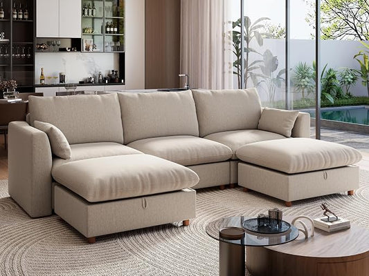 Ihanherry 117" Oversized Modular Sectional Sofa, Modern U Shaped Cloud Couch with 2 Storage Ottoman, 5-Seat Comfy Chenille Deep Seat Sofa with 2 Pillows for Living Room, Khaki