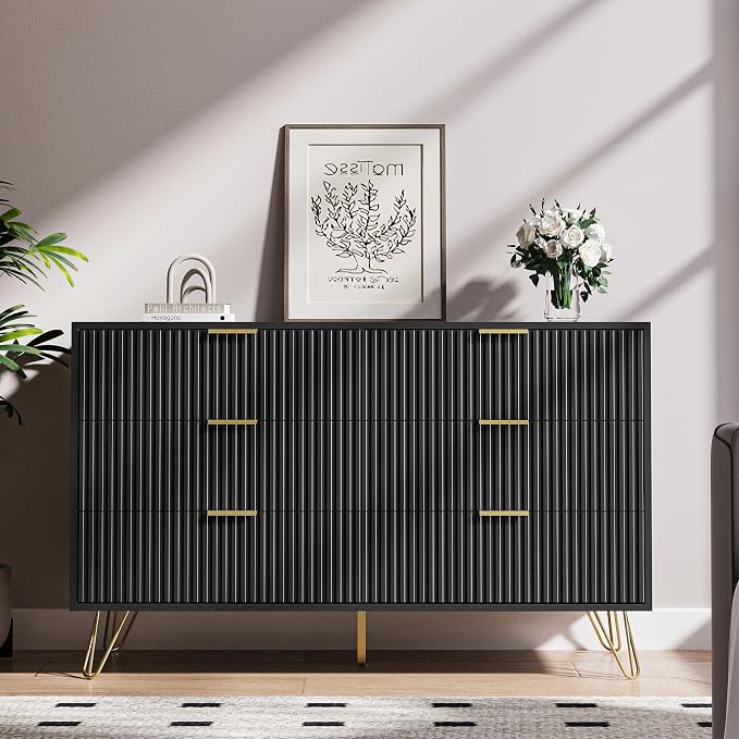 MAISONARIA Black Dresser for Bedroom, Modern Dresser with Gold Metal Handles & Chests of Drawers, Wood Chest of Drawers for Bedroom