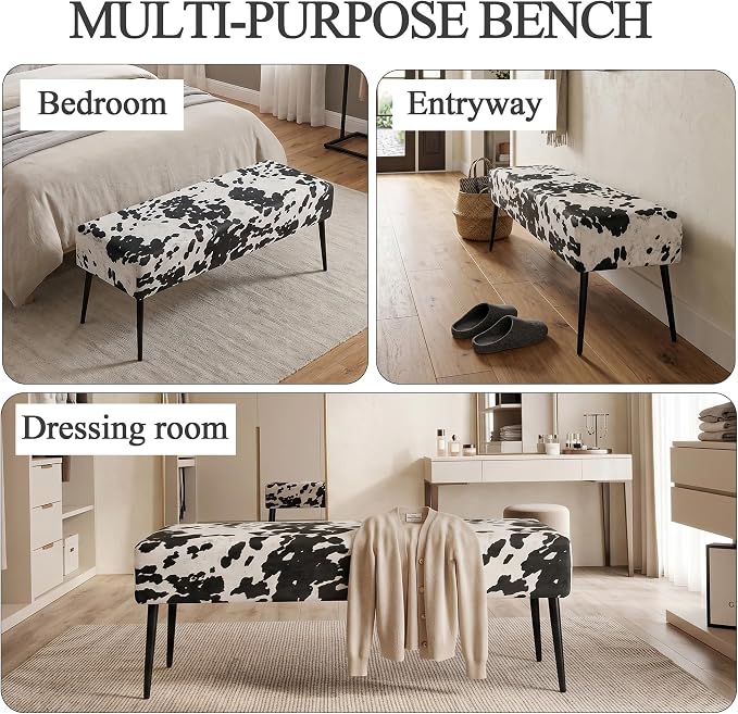 DUHOME Velvet Bench Ottoman, Upholstered Bedroom Benches Cow Print End of Bed Bench with Black Metal Base for Entryway Dining Room Living Room Bedroom, Black